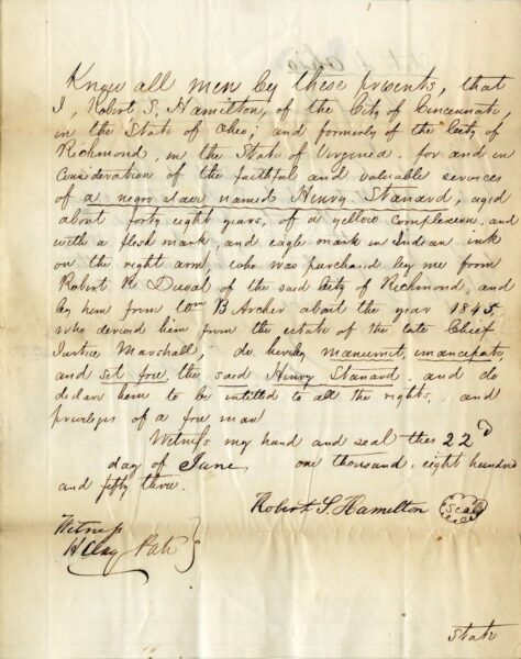 Image Credit: Stanard, Henry : Deed of Emancipation, 1856 (1179482_0005_0004). Virginia Untold: The African American Narrative Digital Collection, Library of Virginia, Richmond, Va.